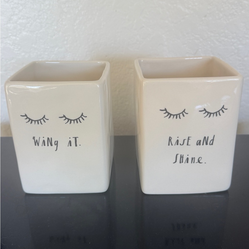 Rae Dunn Cream Bathroom Tumblers - Wing It & Rise and Shine